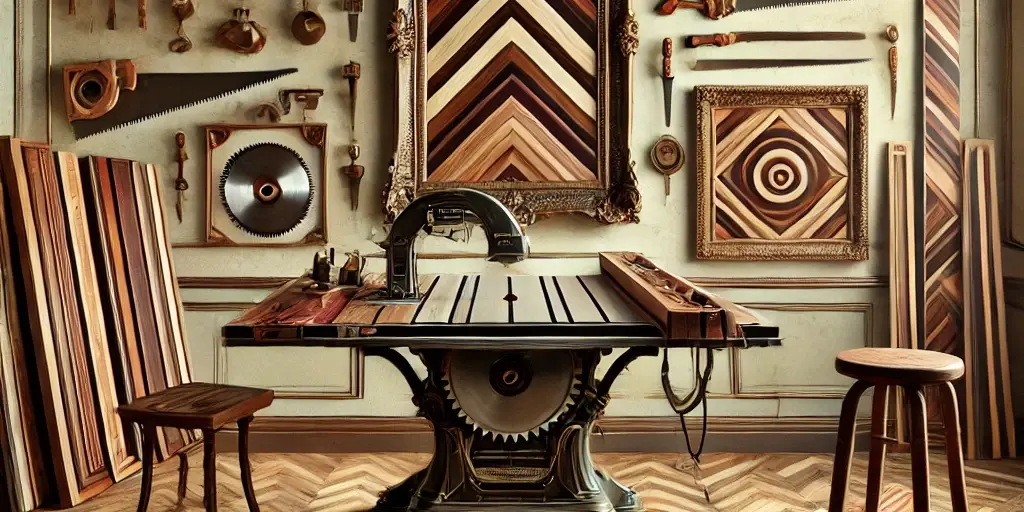 Zephyr wood workshop AQ Zephyr website image of a wood workshop with various cuts of wood, an antique table sa. Tools and clock are on the wall.