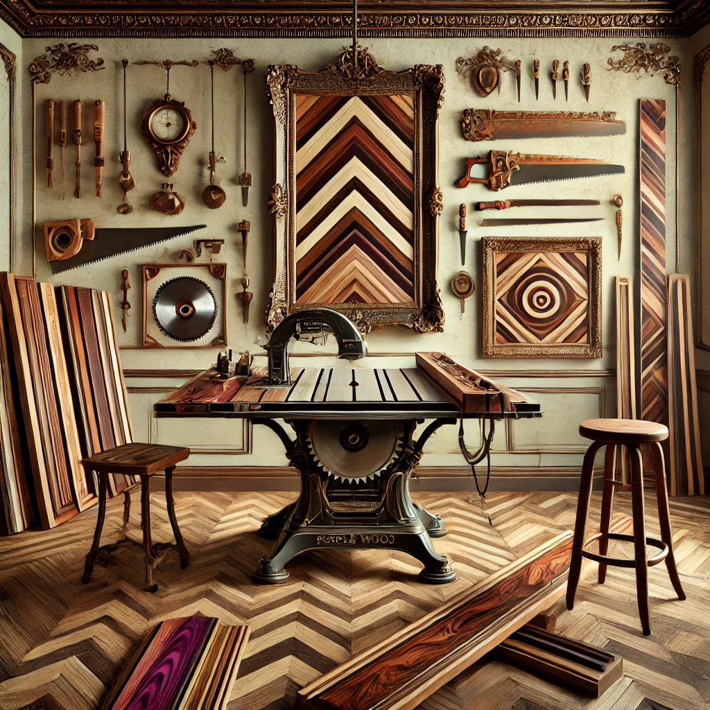 AQ Zephyr website image of a wood workshop with various cuts of wood, an antique table sa. Tools and clock are on the wall.