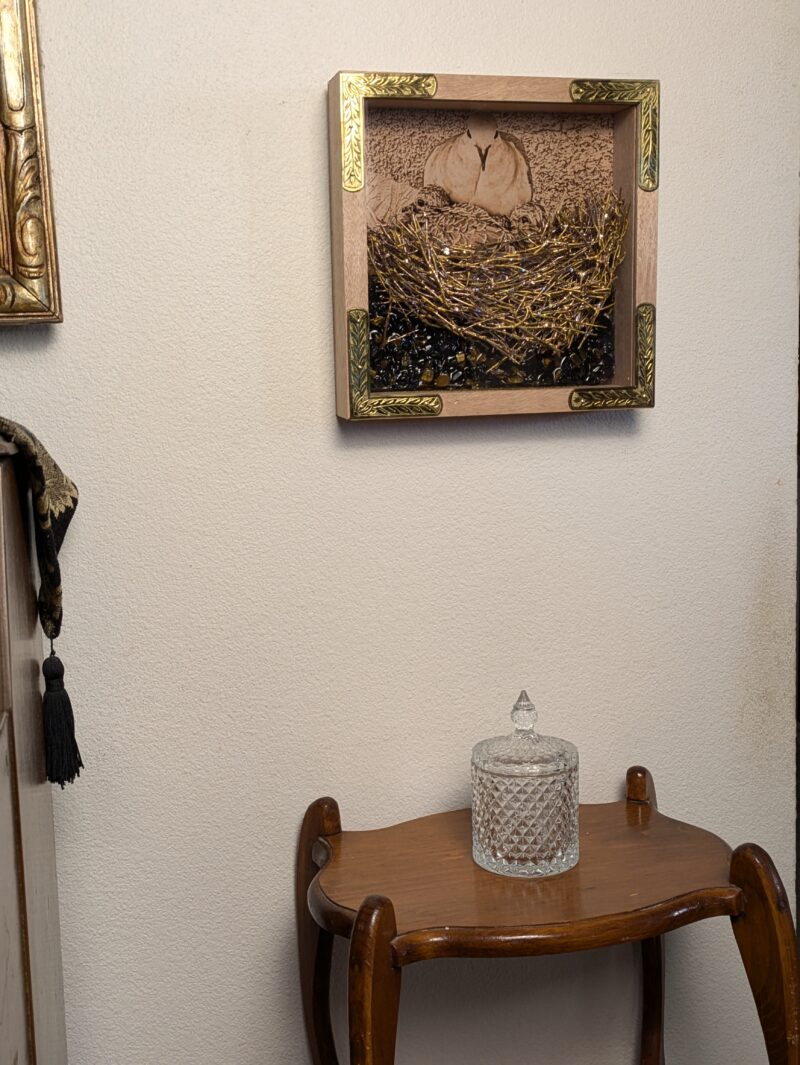 Gilded Corner Red Oak Wood Frame with Mourning Dove and Brood and Tiger Eye Stone Sculpture - Image 2
