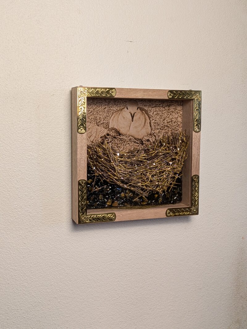 Gilded Corner Red Oak Wood Frame with Mourning Dove and Brood and Tiger Eye Stone Sculpture - Image 3