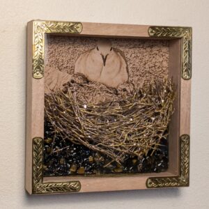 Gilded Corner Red Oak Wood Frame with Mourning Dove and Brood and Tiger Eye Stone Sculpture