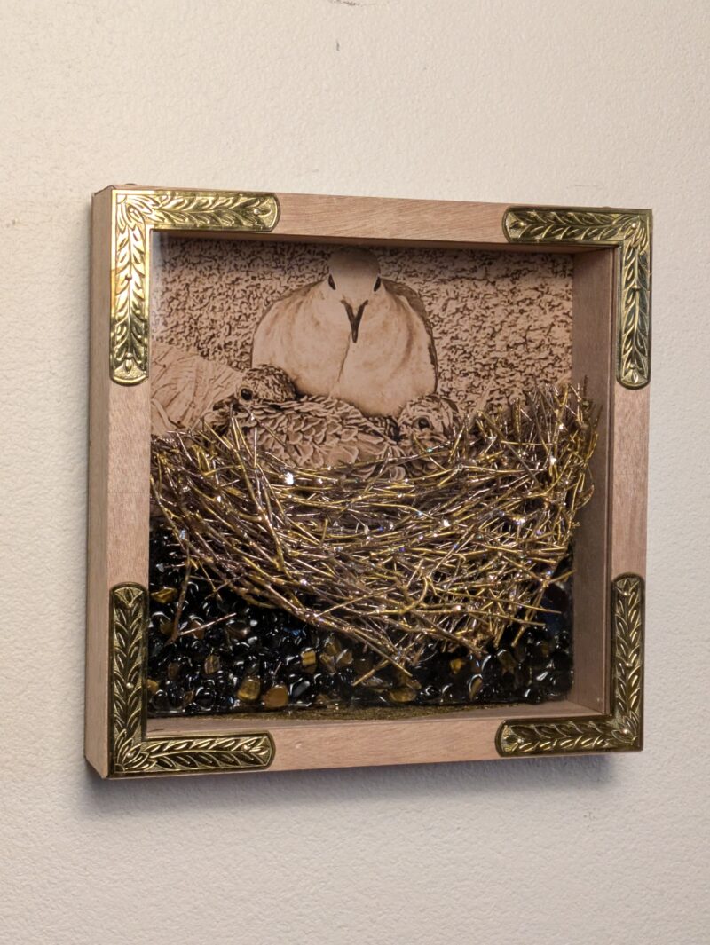 Gilded Corner Red Oak Wood Frame with Mourning Dove and Brood and Tiger Eye Stone Sculpture