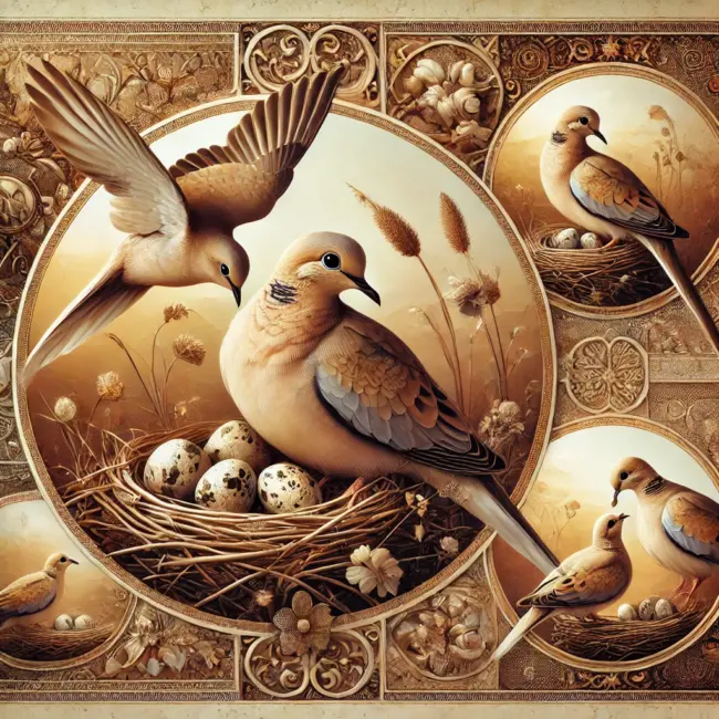 Celebrating Morning Doves A Zephyr website image with four circles, each circle has a scene of morning doves in their nest with eggs.