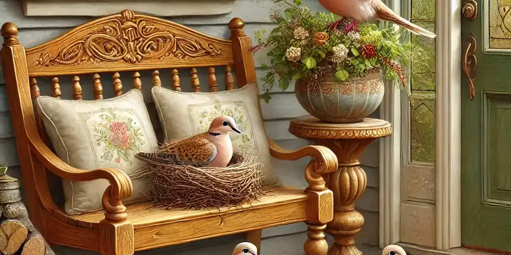 zephyr-blog-doves-inspiration A Zephyr website image of a front porch with a wooden bench and pots of flowers. There are two birds nests with three morning doves in or near them, an additional morning dove is descending to land.