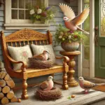 A Zephyr website image of a front porch with a wooden bench and pots of flowers. There are two birds nests with three morning doves in or near them, an additional morning dove is descending to land.