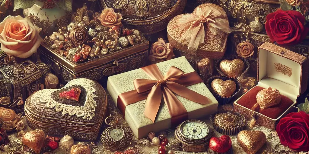 A Zephyr website image for "Happy Valentines Day". A table strewn with decorative boxes, gift wrapped boxes and roses.