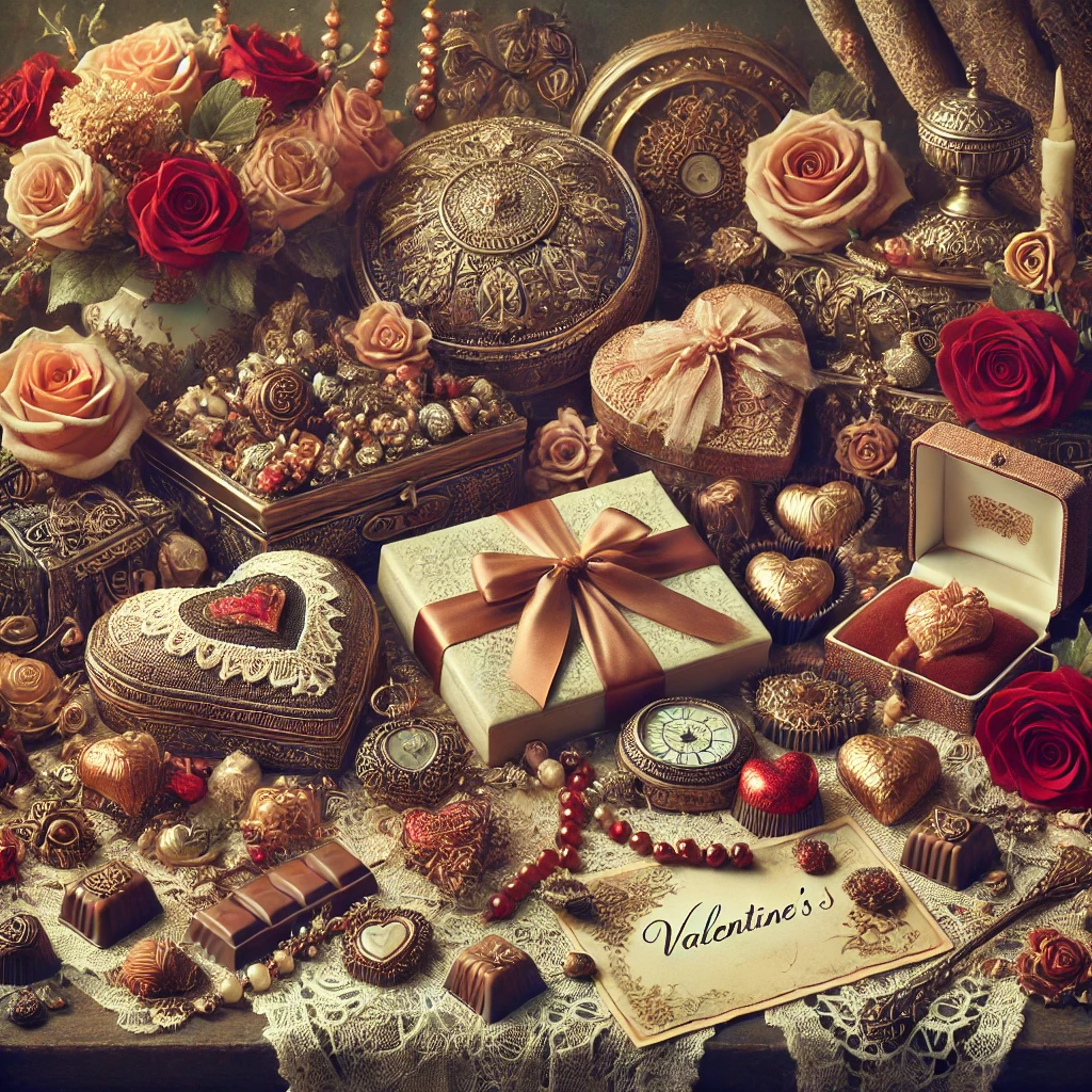 A Zephyr website image for "Happy Valentines Day". A table strewn with decorative boxes, gift wrapped boxes and roses.