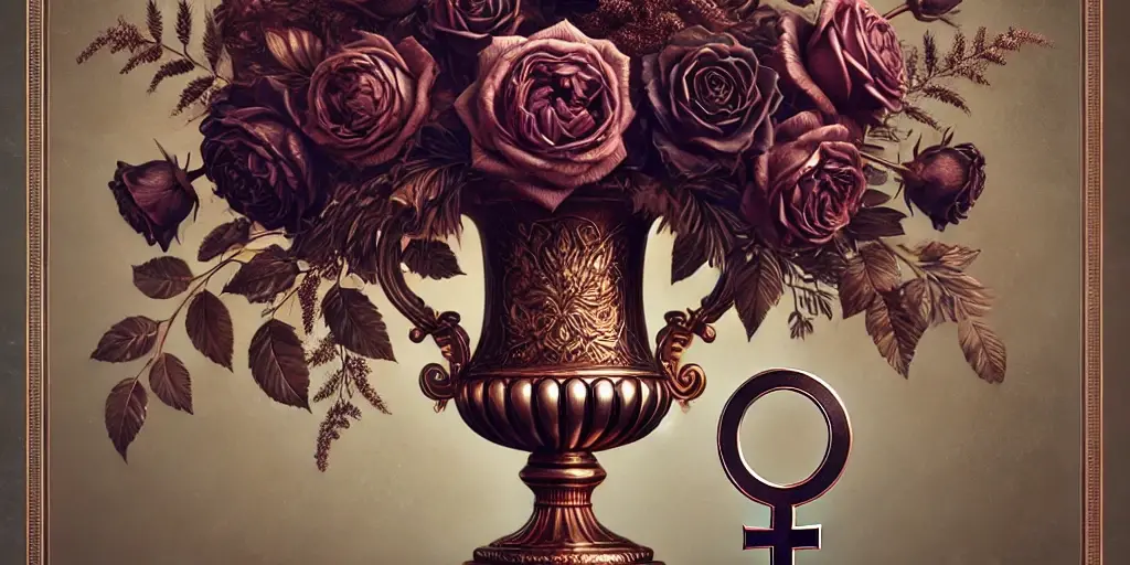 A Zephyr website image for "Women's History Month". A Large bronze vase is flanked by the Venus symbol and filled with purple roses.