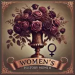 A Zephyr website image for "Women's History Month". A Large bronze vase is flanked by the Venus symbol and filled with purple roses.