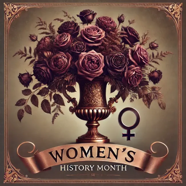 A Zephyr website image for "Women's History Month". A Large bronze vase is flanked by the Venus symbol and filled with purple roses.