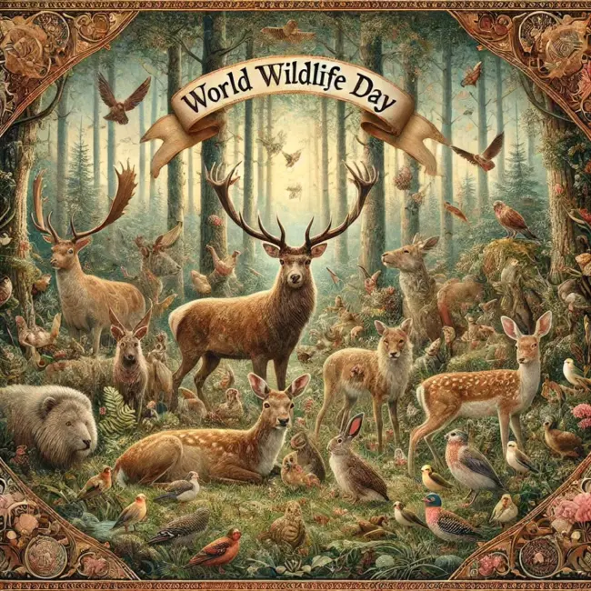 World Wildlife Day A Zephyr website image for "World Wildlife Day". A forest populated with deer, birds, bunnies and elk gatther for their special day.