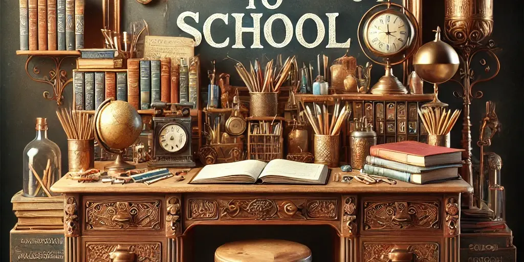A Zephyr website image for "Back to School". A wooden teachers desk laden with books, cups of pencils, globes and clocks in front of a chalkboard saying Back to School.
