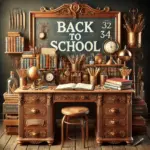A Zephyr website image for "Back to School". A wooden teachers desk laden with books, cups of pencils, globes and clocks in front of a chalkboard saying Back to School.