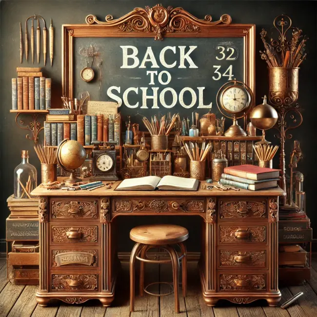 Back to School A Zephyr website image for "Back to School". A wooden teachers desk laden with books, cups of pencils, globes and clocks in front of a chalkboard saying Back to School.