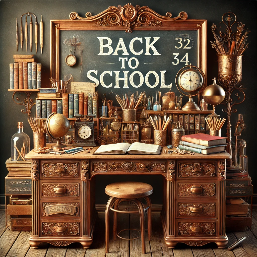 Back to School A Zephyr website image for "Back to School". A wooden teachers desk laden with books, cups of pencils, globes and clocks in front of a chalkboard saying Back to School.