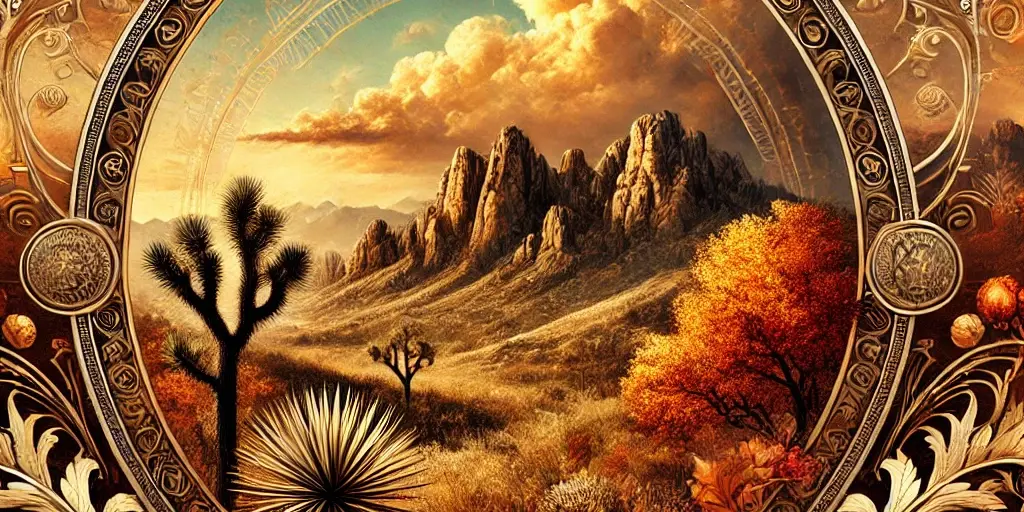 A Zephyr website image of fall in the high desert. Mountains and desert shrubs and trees are encircled by circles and leaves of gold.