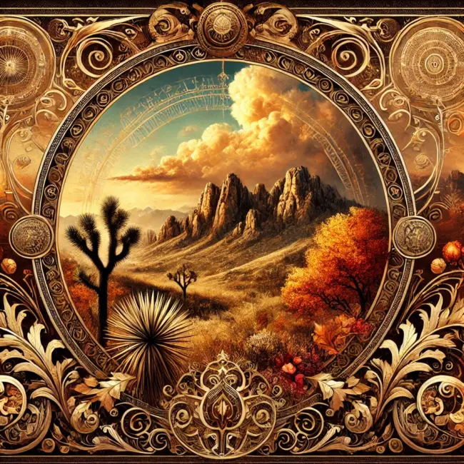 Autumn Equinox A Zephyr website image of fall in the high desert. Mountains and desert shrubs and trees are encircled by circles and leaves of gold.