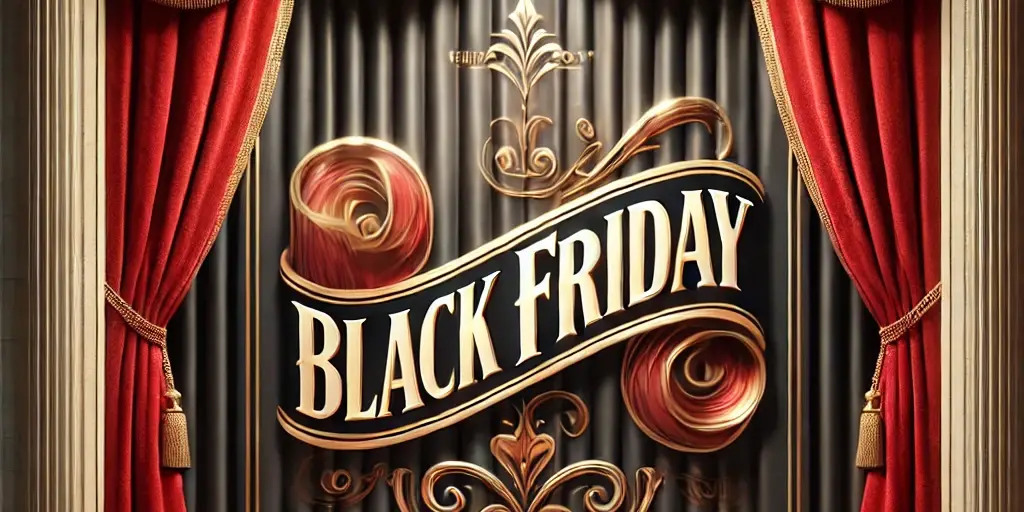 Black Friday A Zephyr website image for "Black Friday". A large, elegant department store window with velvet curtains tied back to reveal the Black Friday sign.
