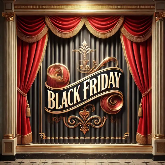 Black Friday A Zephyr website image for "Black Friday". A large, elegant department store window with velvet curtains tied back to reveal the Black Friday sign.