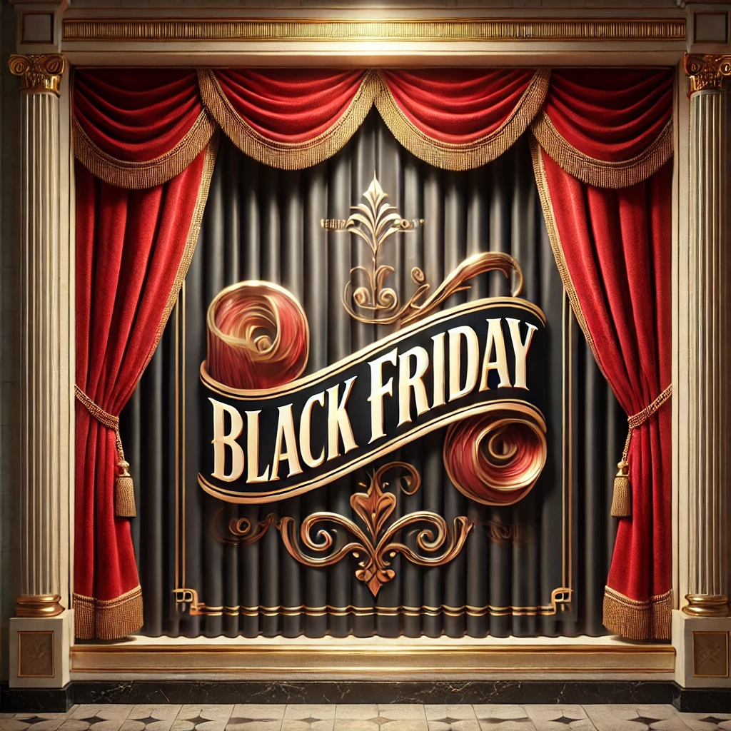 Black Friday A Zephyr website image for "Black Friday". A large, elegant department store window with velvet curtains tied back to reveal the Black Friday sign.