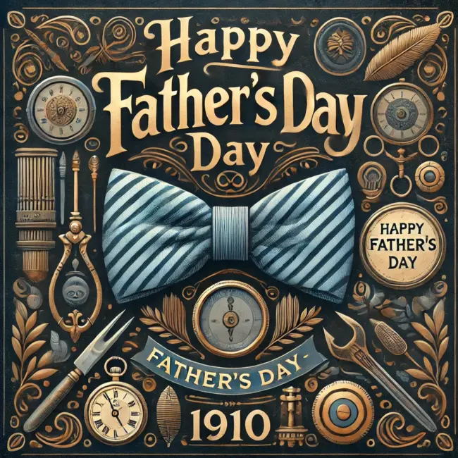 A Zephyr website image for "Happy Father's Day". A bowtie. tools and clocks decorate this Father's Day image.