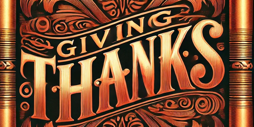 Giving Thanks A Zephyr website image of a copper scroll saying "Giving Thanks". fine filigree borders the words.