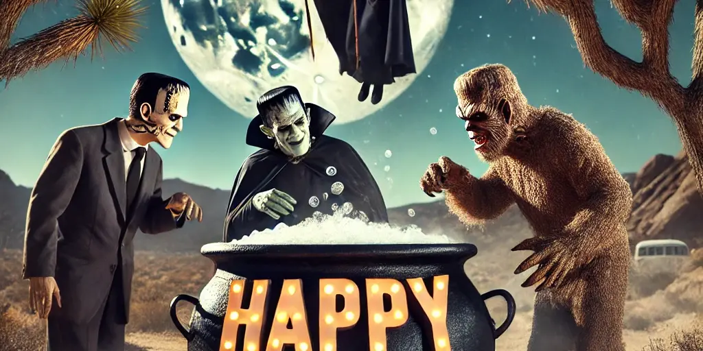 A Zephyr website image of a Halloween gathering in the Joshua Tree desert. There is a huge full moon with a witch flying in front of it watching Frankenstein, Dracula and a werewolf looking into her bubbling cauldron.