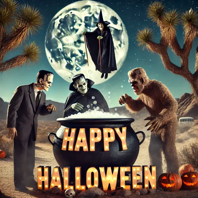 Halloween in the Desert A Zephyr website image of a Halloween gathering in the Joshua Tree desert. There is a huge full moon with a witch flying in front of it watching Frankenstein, Dracula and a werewolf looking into her bubbling cauldron.