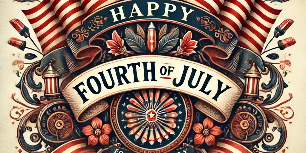 A Zephyr website image for "Happy fourth of July". American flags, medallions fireworks and flowers adorn this fourth of July image.