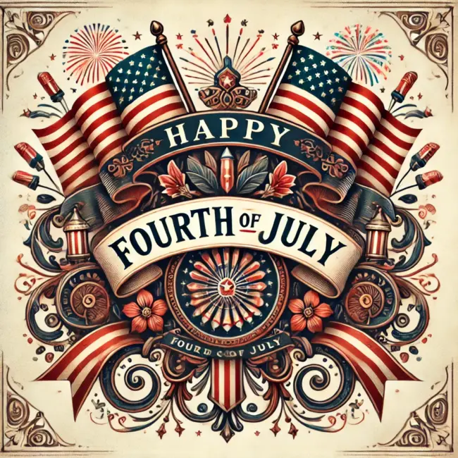 Happy Fourth of July A Zephyr website image for "Happy fourth of July". American flags, medallions fireworks and flowers adorn this fourth of July image.