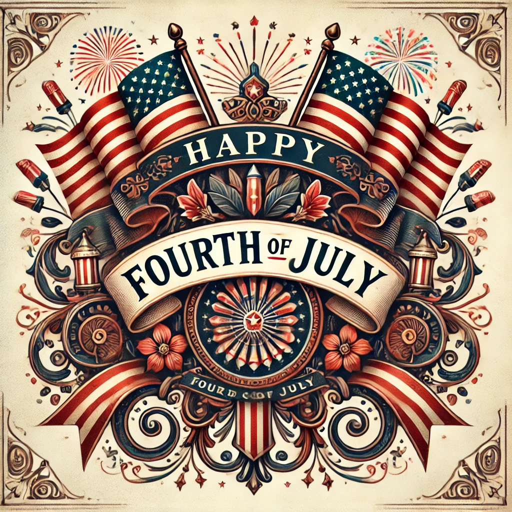 Happy Fourth of July A Zephyr website image for "Happy fourth of July". American flags, medallions fireworks and flowers adorn this fourth of July image.