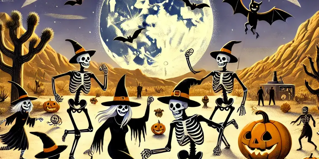 Halloween in the High Desert A Zephyr website image of a Halloween celebration in the high desert. Skeletons dance, joined by cats, pumpkins, bats and a huge full moon.