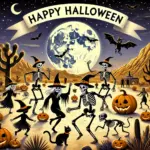 A Zephyr website image of a Halloween celebration in the high desert. Skeletons dance, joined by cats, pumpkins, bats and a huge full moon.