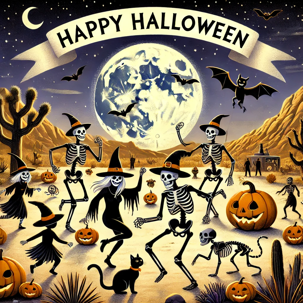 Halloween in the High Desert A Zephyr website image of a Halloween celebration in the high desert. Skeletons dance, joined by cats, pumpkins, bats and a huge full moon.