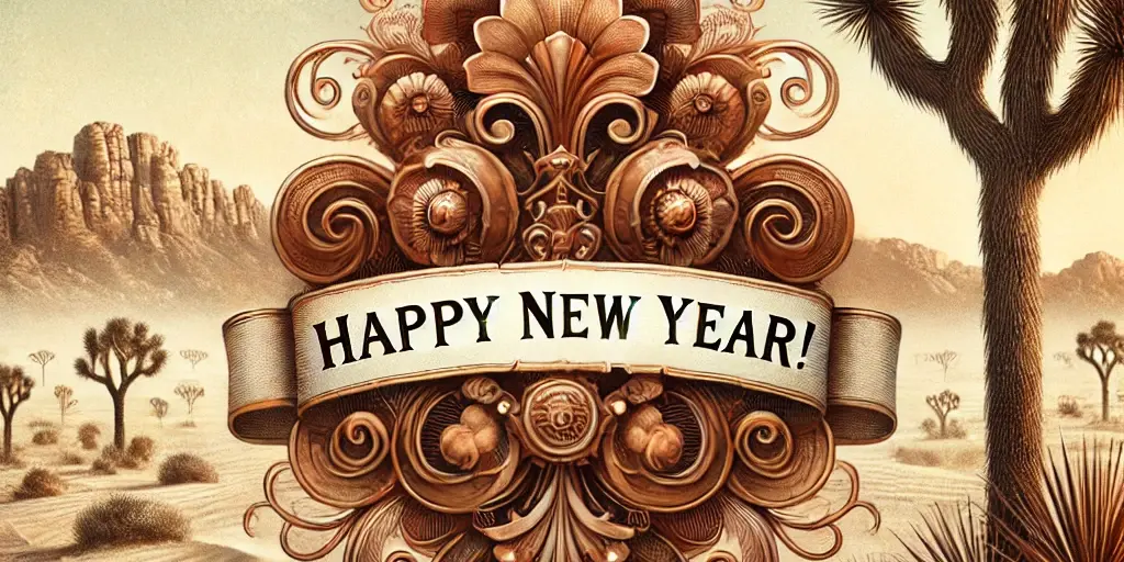 A Zephyr website image for a "Happy New Year". A desert scene with Joshua trees, cactus and mountain range accompany a New Year sign.