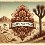 A Zephyr website image for a "Happy New Year". A desert scene with Joshua trees, cactus and mountain range accompany a New Year sign.