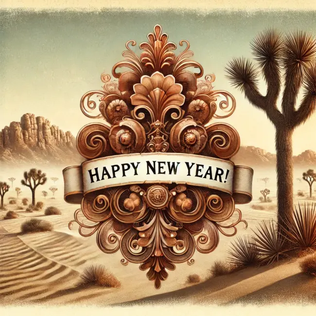Happy New Year A Zephyr website image for a "Happy New Year". A desert scene with Joshua trees, cactus and mountain range accompany a New Year sign.