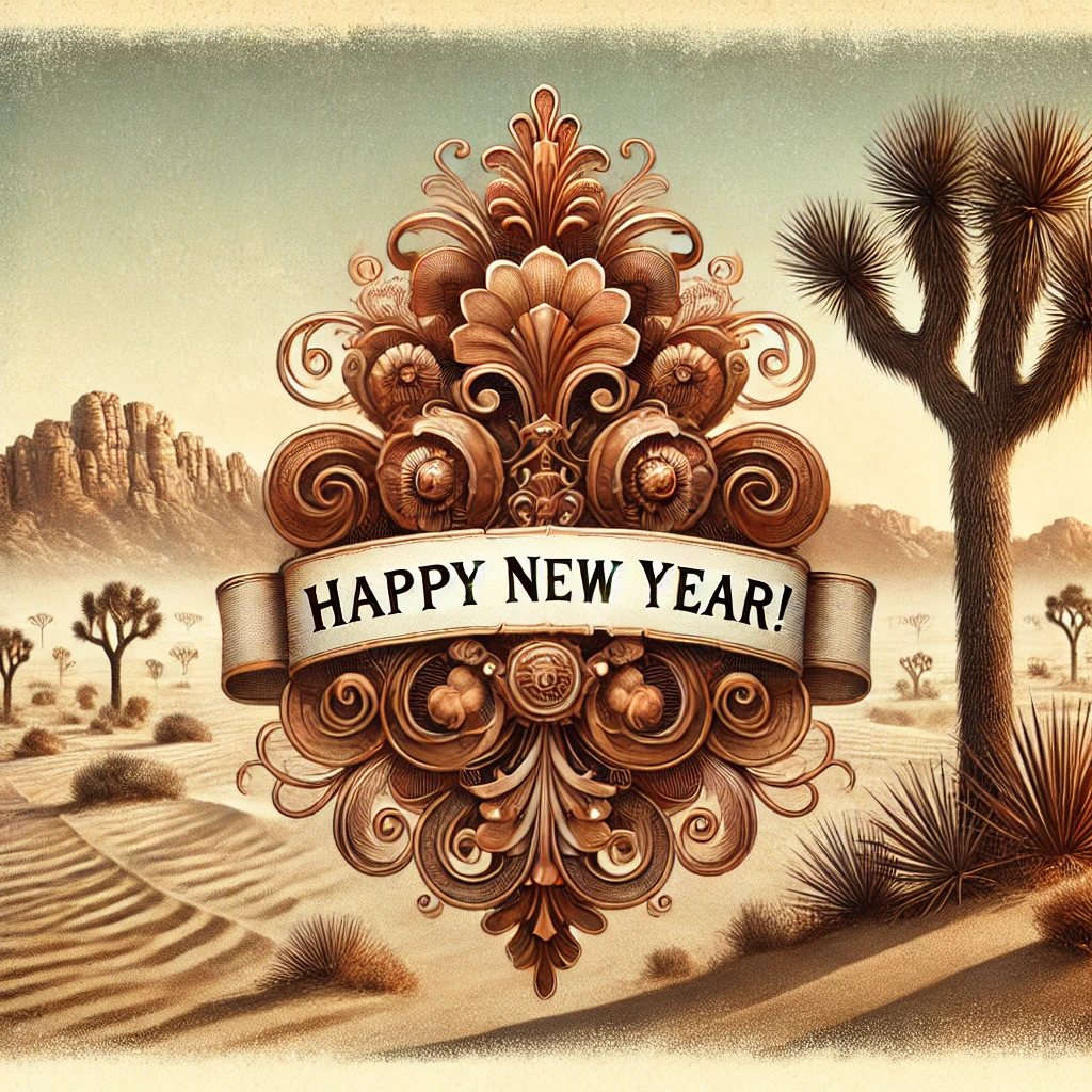 A Zephyr website image for a "Happy New Year". A desert scene with Joshua trees, cactus and mountain range accompany a New Year sign.