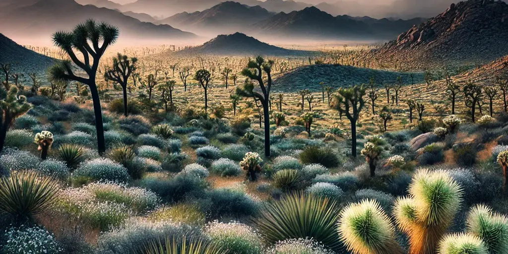 April Showers A Zephyr website image of the Joshua Tree desert dark with rainclouds and fog blanketing the mountain base.