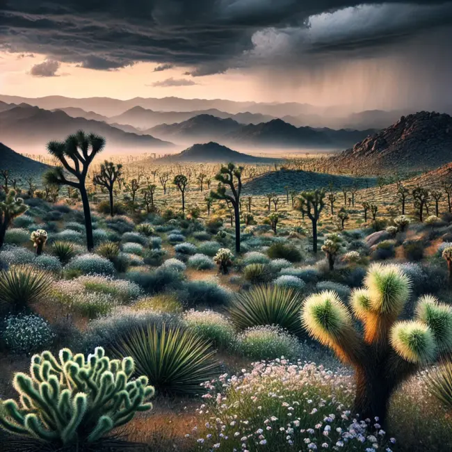 A Zephyr website image of the Joshua Tree desert dark with rainclouds and fog blanketing the mountain base.