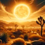 A Zephyr website image of the Joshua Tree desert during peak summertime. A huge blazing sun hovers over the mountain range with crows flying low and the desert floor lush with cactus and joshua trees.
