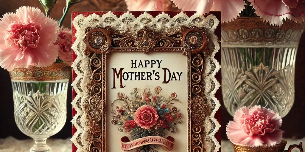 A Zephyr website image for "Mother's Day". A Mother's Day card is surrounded by crystal glasses, tea cup and saucers and carnations.