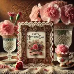 A Zephyr website image for "Mother's Day". A Mother's Day card is surrounded by crystal glasses, tea cup and saucers and carnations.