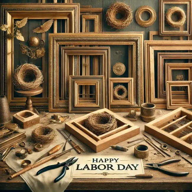 An image of Zephyr's woodworking table that has stacks of wood frames and nests being made, a Happy Labor Day image.