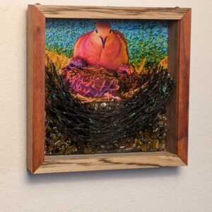Wenge and Zebra Wood Frame with 'Luminous Noir' Mourning Dove Brood & Tiger Eye Stone Sculpture