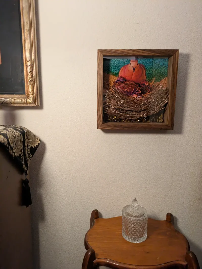 Dark Zebra Wood Frame with Mourning Dove Brood and Tiger Eye Stone Sculpture - Image 2