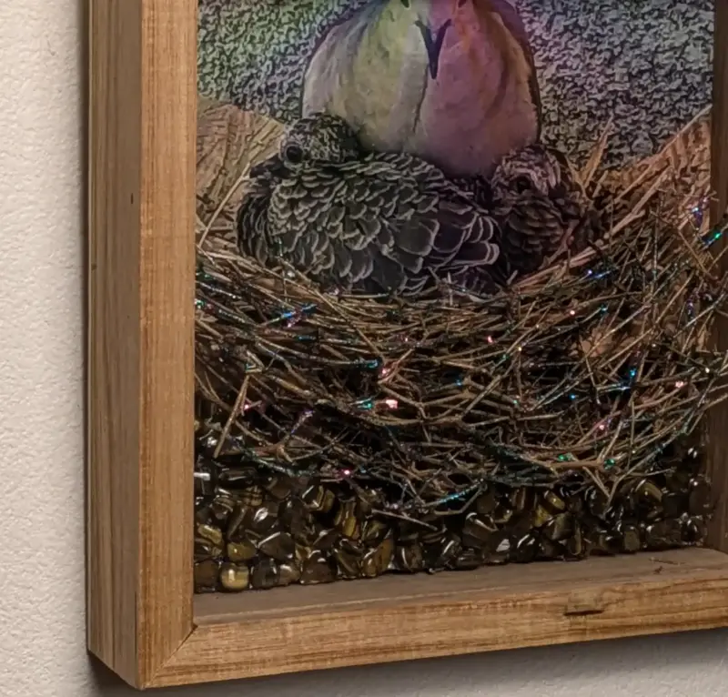 Canary Wood Frame with Rainbow Mourning Dove Brood and Tiger Eye Stone Sculpture - Image 2