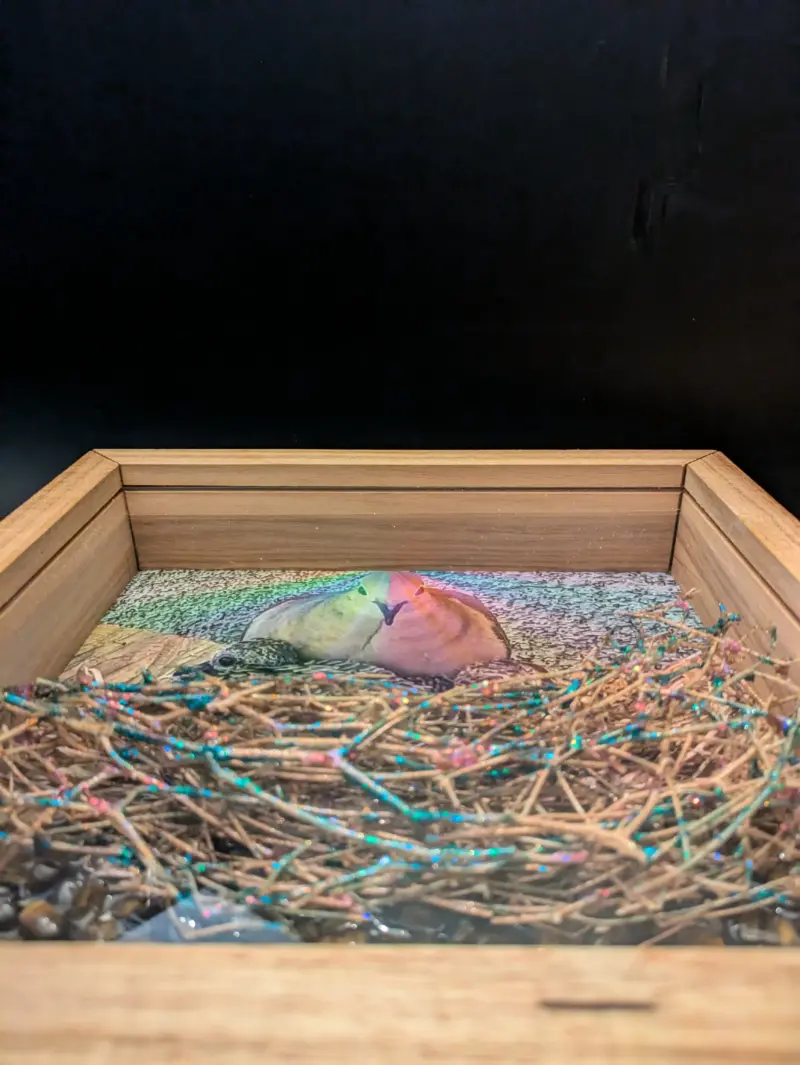 Canary Wood Frame with Rainbow Mourning Dove Brood and Tiger Eye Stone Sculpture - Image 4