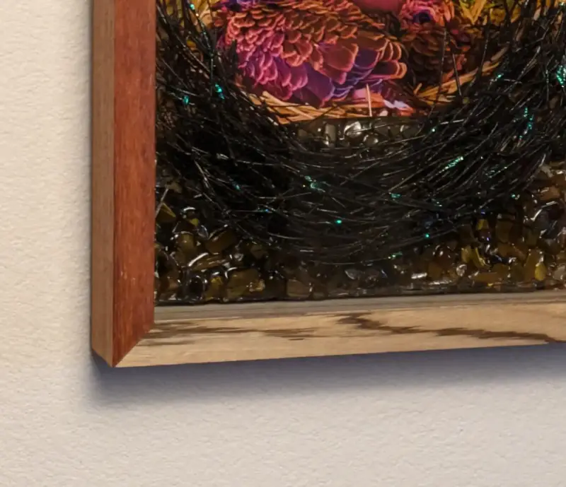 Wenge and Zebra Wood Frame with 'Luminous Noir' Mourning Dove Brood & Tiger Eye Stone Sculpture - Image 2