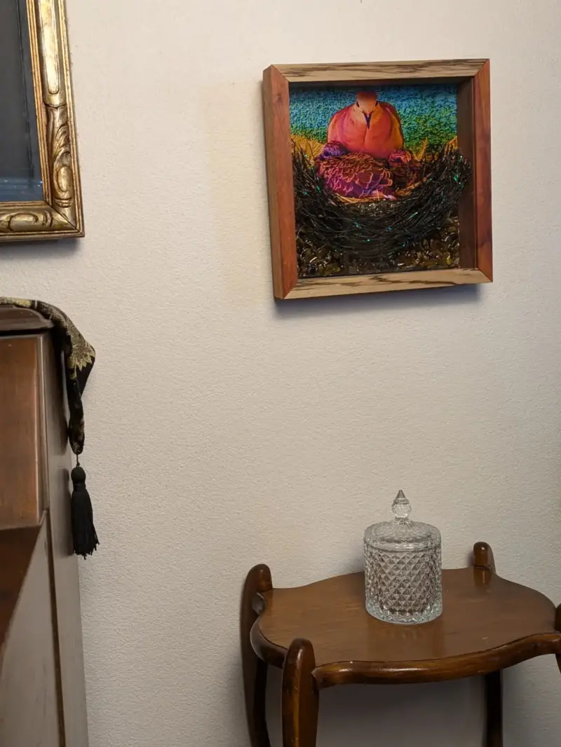 Wenge and Zebra Wood Frame with 'Luminous Noir' Mourning Dove Brood & Tiger Eye Stone Sculpture - Image 3